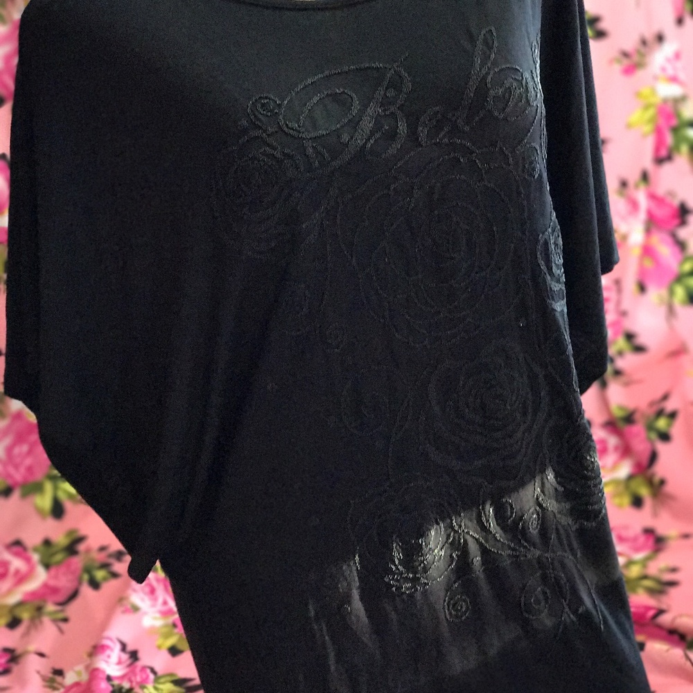 black beaded applique “Beloved” rose print tunic top L - Picture 6 of 7